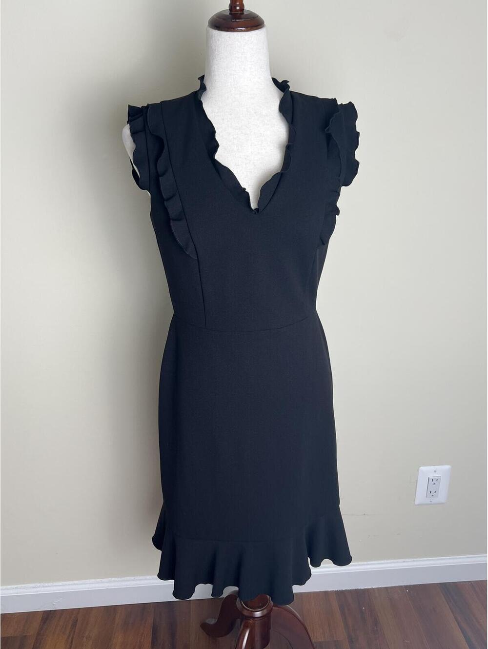 Karl Lagerfeld Paris Ruffle Trim Black Dress Size 6 Elegant Sheath Flounce Hem